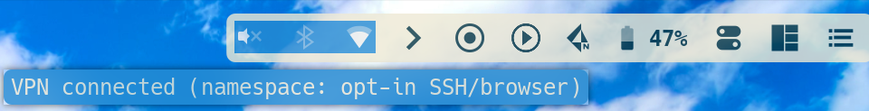 AwesomeWM top panel showing the N-marked VPN icon and a tooltip reading “VPN connected (namespace: opt-in SSH/browser)”.
